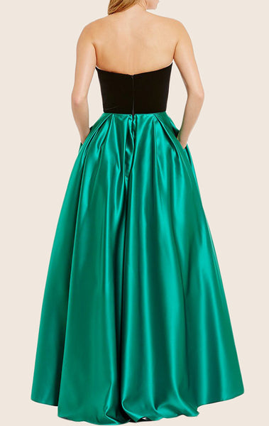 MACloth Strapless Satin Hi-Lo Prom Dress Green Formal Evening Gown