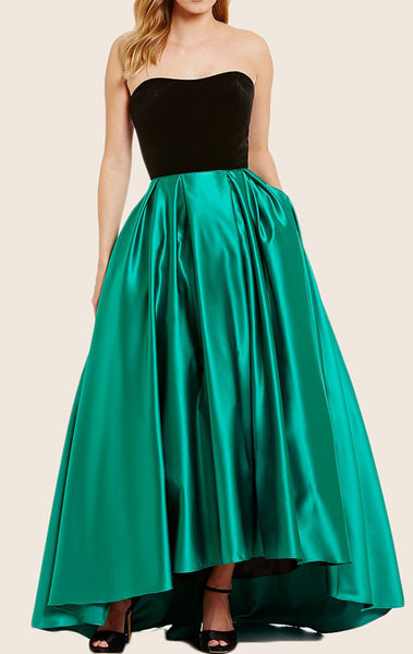 MACloth Strapless Satin Hi-Lo Prom Dress Green Formal Evening Gown