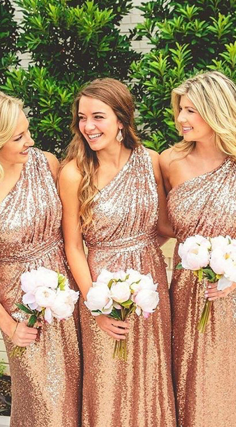 MACloth One Shoulder Sequin Long Bridesmaid Dress Rose Gold Formal Gown