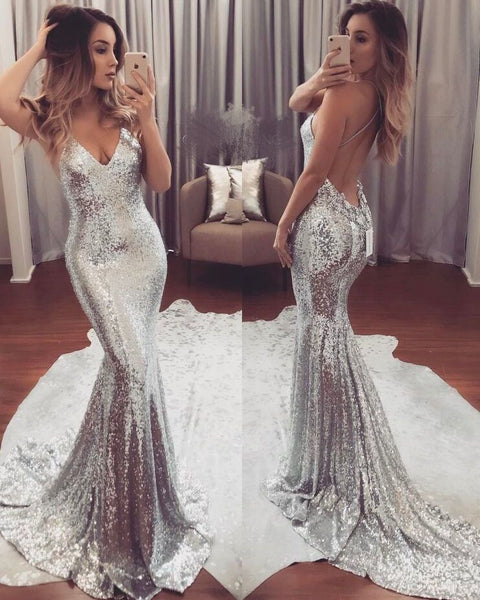 MACloth Mermaid Straps V Neck Sequin Prom Dress Champagne Evening Formal Gown