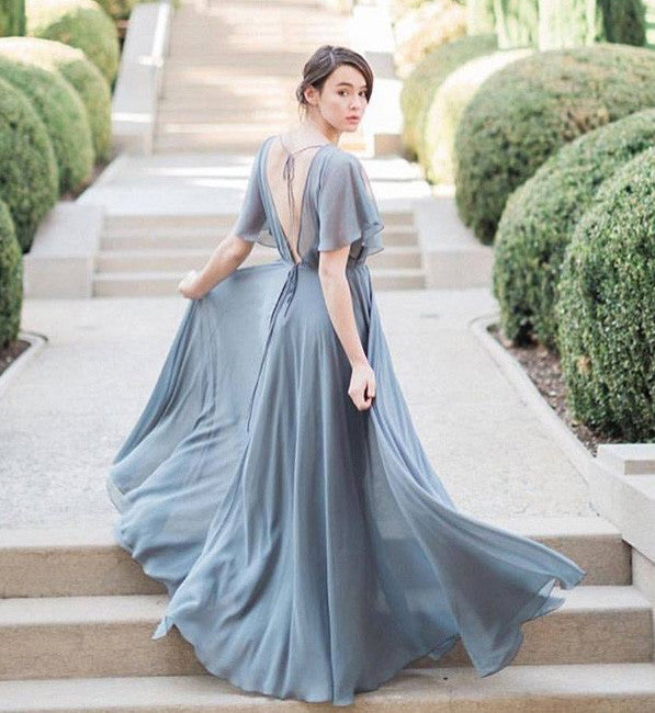 MACloth V Back Cap Sleeves Chiffon Long Bridesmaid Dress Gray Formal Gown