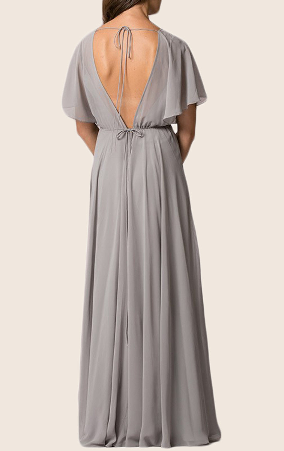MACloth V Back Cap Sleeves Chiffon Long Bridesmaid Dress Gray Formal Gown