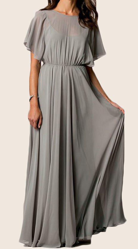 MACloth V Back Cap Sleeves Chiffon Long Bridesmaid Dress Gray Formal Gown