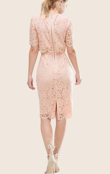 MACloth Two Piece Lace Pink Cocktail Dress Short Sleeves Midi Formal Gown