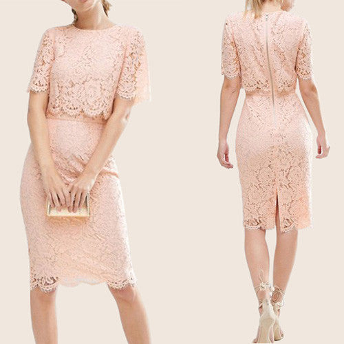 MACloth Two Piece Lace Pink Cocktail Dress Short Sleeves Midi Formal Gown