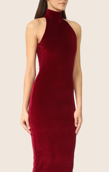 MACloth Sheath High Neck Midi Cocktail Dress Burgundy Formal Gown