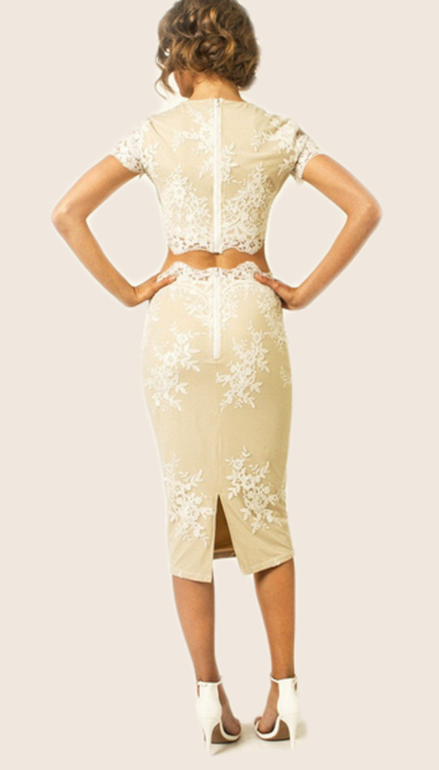 Macloth Two Piece Short Sleeves Cocktail Dress Midi Formal Gown Champagne / Above Knee / US14 Macloth Two Piece Short Sleeves Cocktail Dress Midi Formal Gown Champagne / Above Knee / US14