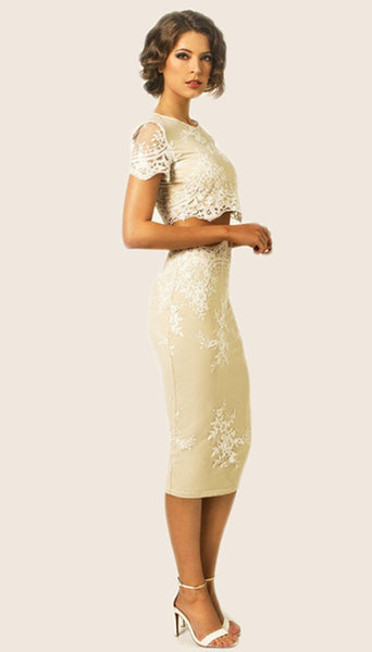 MACloth Two Piece Short Sleeves Cocktail Dress Midi Formal Gown