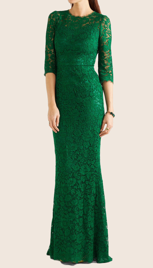 MACloth Mermaid 3/4 Sleeves Lace Evening Gown Green Formal Dress