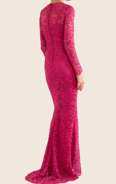 MACloth Long Sleeves Lace Maxi Formal Evening Gown Fuchsia Wedding Party Dress