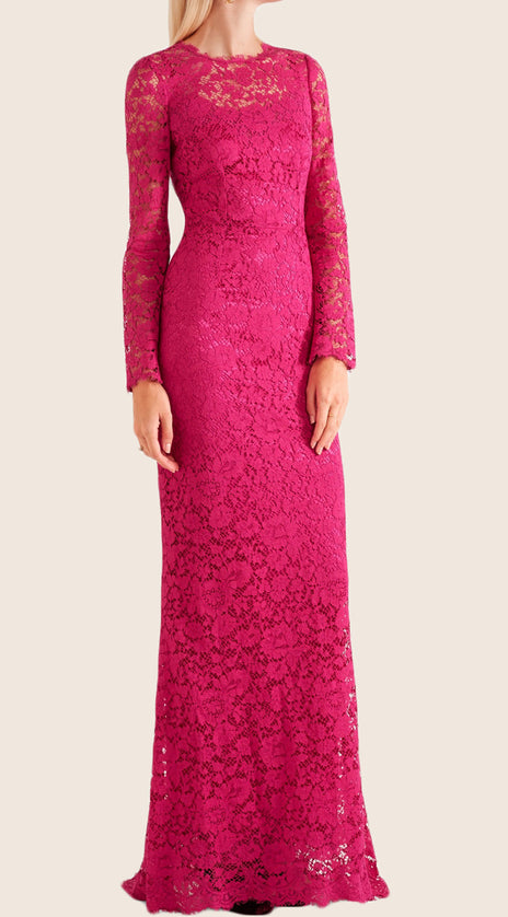MACloth Long Sleeves Lace Maxi Formal Evening Gown Fuchsia Wedding Party Dress