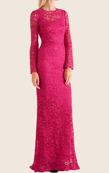 MACloth Long Sleeves Lace Maxi Formal Evening Gown Fuchsia Wedding Party Dress