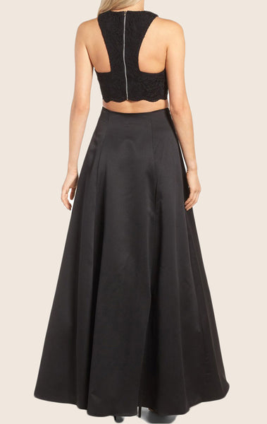 MACloth Two Piece Lace Satin Maxi Prom Dress Black Formal Gown