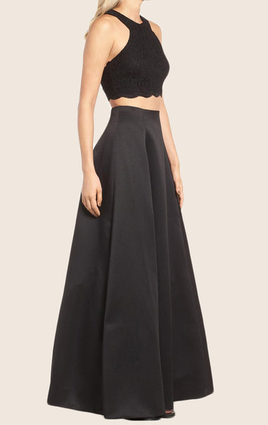 MACloth Two Piece Lace Satin Maxi Prom Dress Black Formal Gown