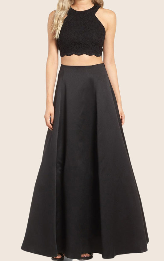 MACloth Two Piece Lace Satin Maxi Prom Dress Black Formal Gown