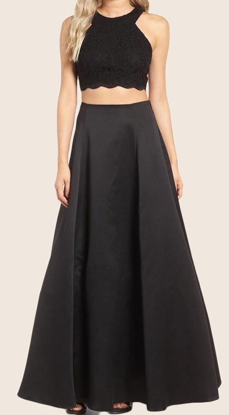 MACloth Two Piece Lace Satin Maxi Prom Dress Black Formal Gown