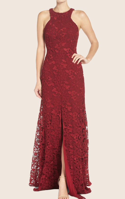 MACloth O Neck Lace Maxi Formal Evening Gown Burgundy Prom Dress