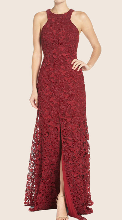 MACloth O Neck Lace Maxi Formal Evening Gown Burgundy Prom Dress
