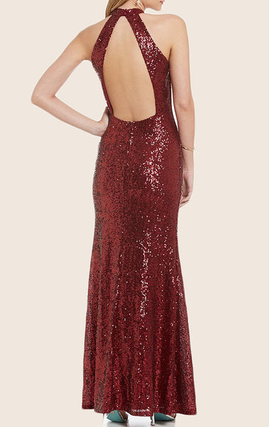 MACloth Halter Sequin Maxi Formal Gown Red Prom Dress with Open Back