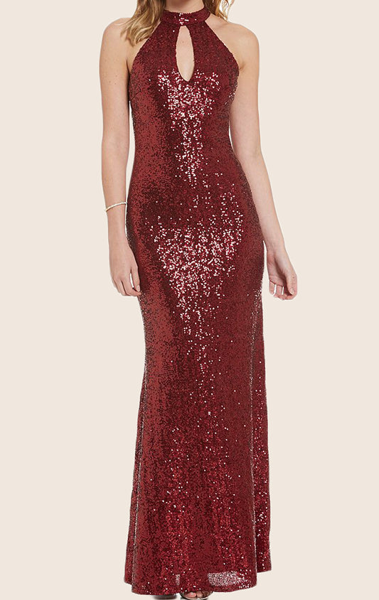 Vestido largo formal con lentejuelas y cuello halter de MACloth, vestido de fiesta rojo con espalda abierta