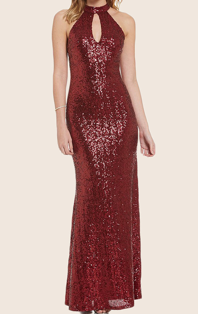 MACloth Halter Sequin Maxi Formal Gown Red Prom Dress with Open Back