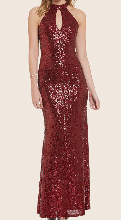 MACloth Halter Sequin Maxi Formal Gown Red Prom Dress with Open Back