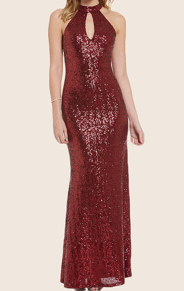 MACloth Halter Sequin Maxi Formal Gown Red Prom Dress with Open Back