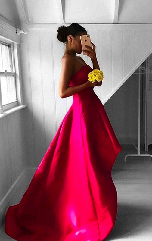 MACloth Strapless High Low Prom Dress Satin Fuchsia Formal Gown