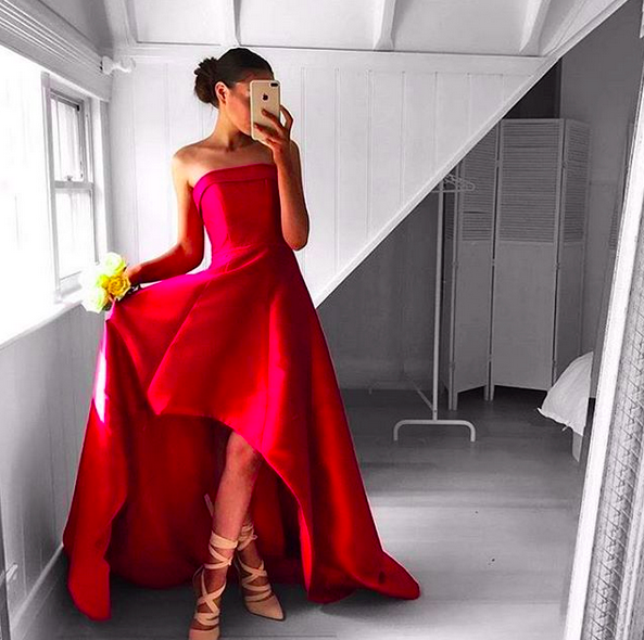 MACloth Strapless High Low Prom Dress Satin Fuchsia Formal Gown