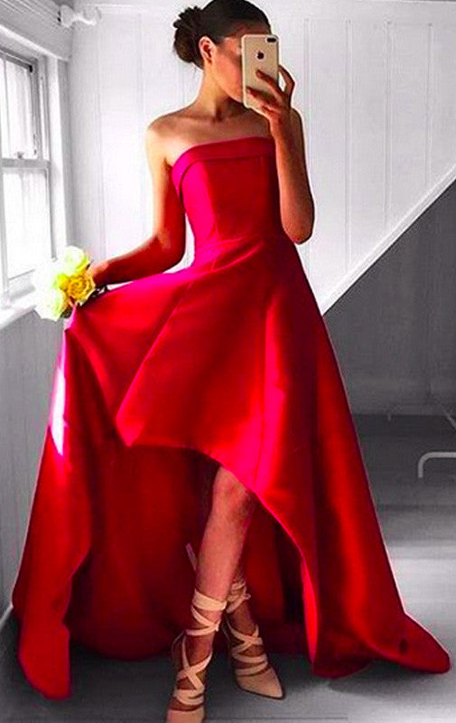 MACloth Strapless High Low Prom Dress Satin Fuchsia Formal Gown