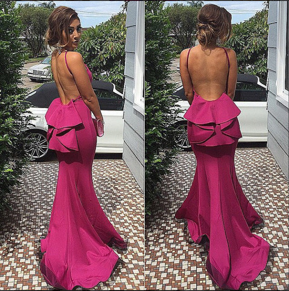 MACloth Meramid Halter Jersey Maxi Evening Gown Fuchsia Prom Dress
