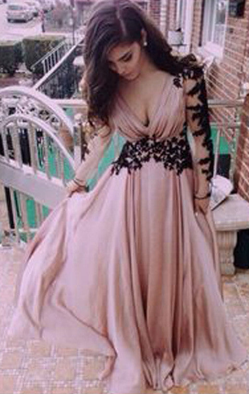 MACloth 3/4 Sleeves V Neck Lace Chiffon Prom Dress Maxi Formal Evening Gown