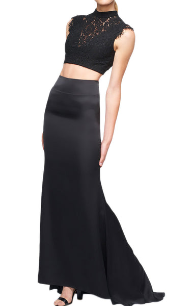 MACloth Mermaid Two Piece Lace Jersey Long Prom Dress Black Formal Gown