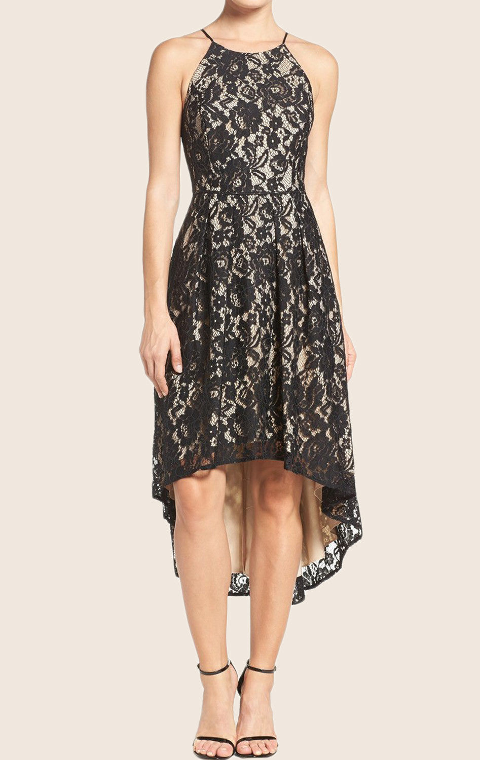 MACloth Halter O Neck High Low Cocktail Dress Black Lace Formal Gown