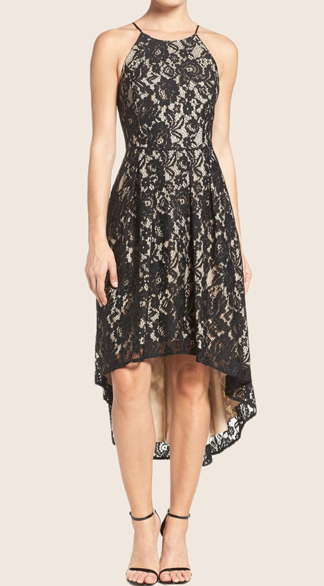 MACloth Halter O Neck High Low Cocktail Dress Black Lace Formal Gown