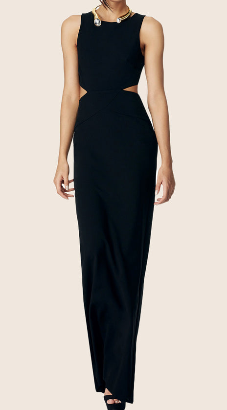 MACloth Pencil Sleeveless Jersey Maxi Formal Gown Black Prom Dress with Cut Out