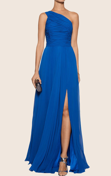 MACloth One Shoulder Chiffon Maxi Prom Dress Green Formal Evening Gown