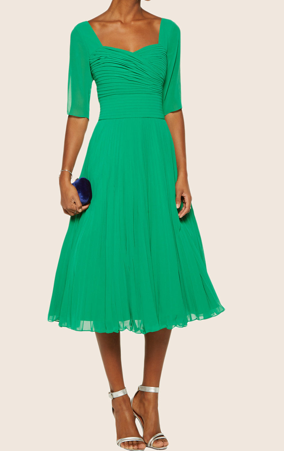 MACloth Half Sleeves Sweetheart Chiffon Cocktail Dress Green Midi Mother of the Brides Dress Custom Color / Tea Length / US14
