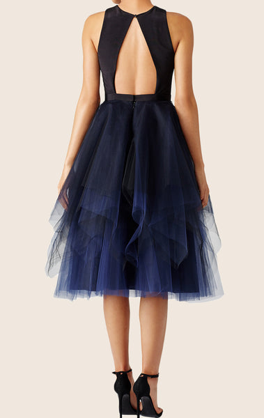 MACloth Midi Satin Tulle Cocktail Dress with Open Back Dark Navy Formal Gown