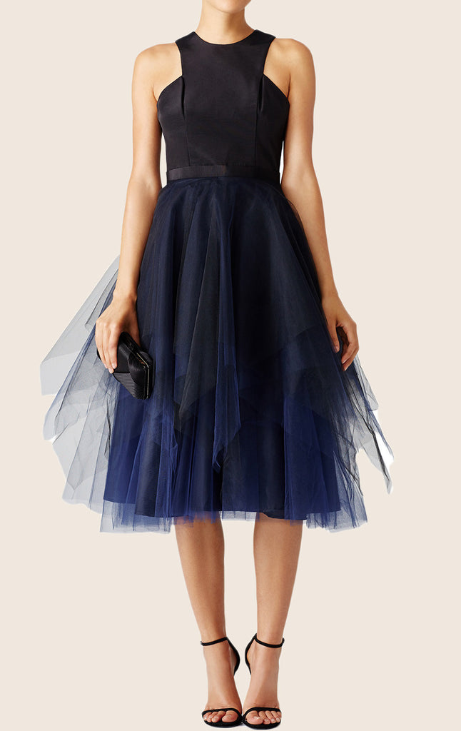 MACloth Midi Satin Tulle Cocktail Dress with Open Back Dark Navy Formal Gown