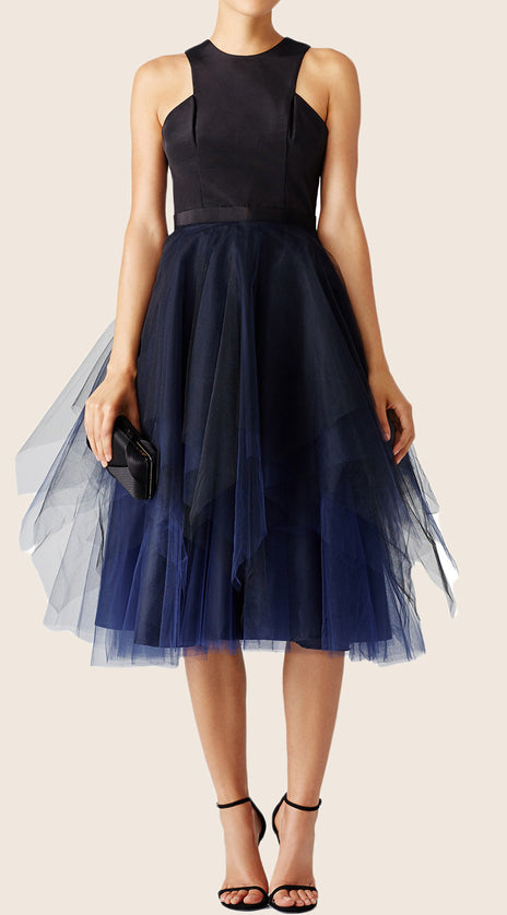 MACloth Midi Satin Tulle Cocktail Dress with Open Back Dark Navy Formal Gown