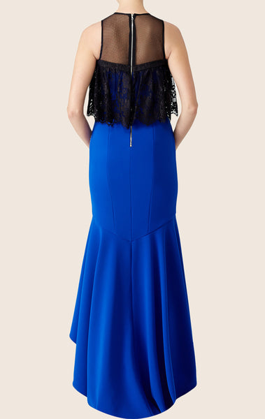 MACloth Mermaid High Low Lace Ruffled Prom Dress Royal Blue Formal Gown