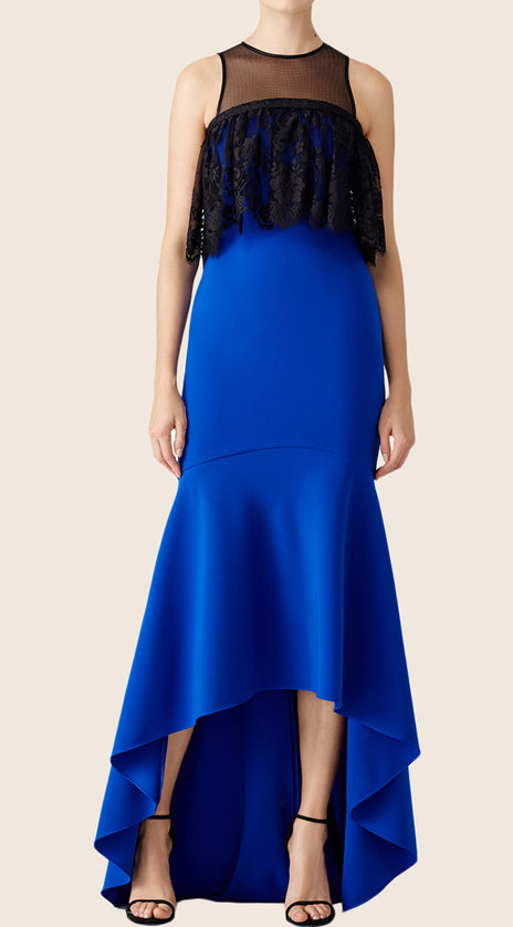 MACloth Mermaid High Low Lace Ruffled Prom Dress Royal Blue Formal Gown