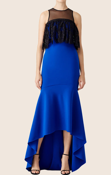 MACloth Mermaid High Low Lace Ruffled Prom Dress Royal Blue Formal Gown