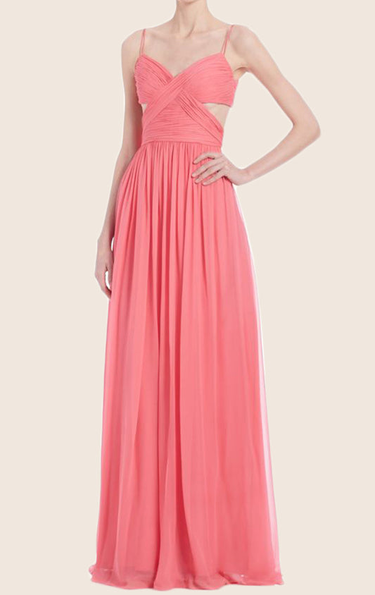 MACloth Spaghetti Straps V Neck Chiffon Prom Dress Sexy Blush Formal Gown