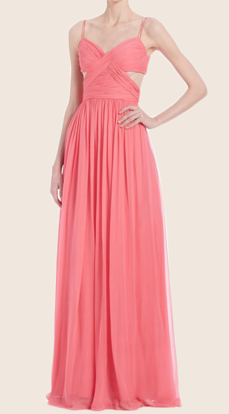 MACloth Spaghetti Straps V Neck Chiffon Prom Dress Sexy Blush Formal Gown