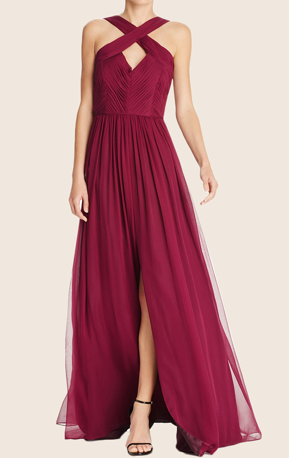 MACloth Neckholder-Chiffon-Maxi-Ballkleid mit Schlitz, Burgunderrot, Abendkleid
