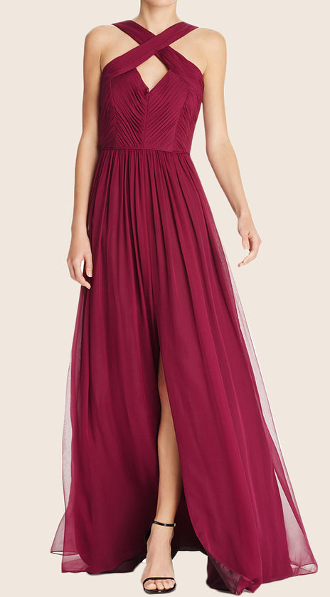 MACloth Halter Chiffon Maxi Prom Dress with Slit Burgundy Formal Gown