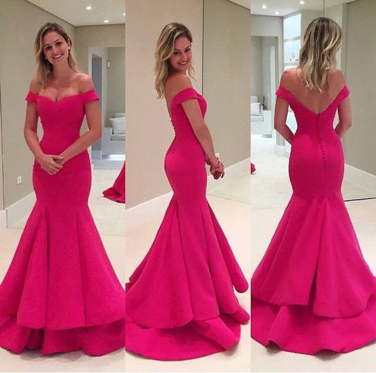 MACloth Off the Shoulder Mermaid Tiered Prom Gown Pink Formal Dress