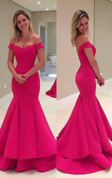 MACloth Off the Shoulder Mermaid Tiered Prom Gown Pink Formal Dress